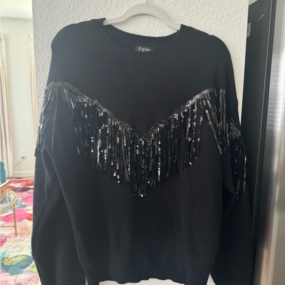 VICI Western Glam Knit Fringe Sequin Sweater Pullover in Black - XL - Picture 3 of 5
